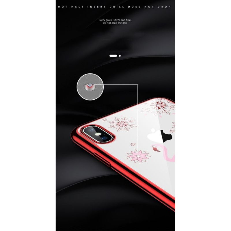 Hoesje iPhone XS Max Rood Zwart Sulada Flamingo Diamanten