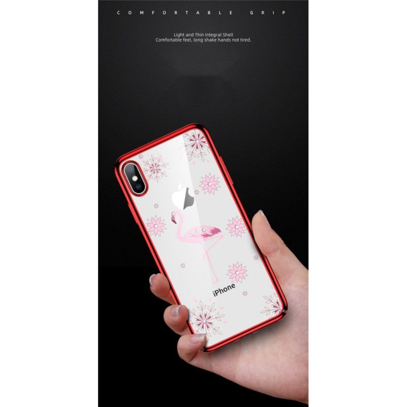 Hoesje iPhone XS Max Rood Zwart Sulada Flamingo Diamanten