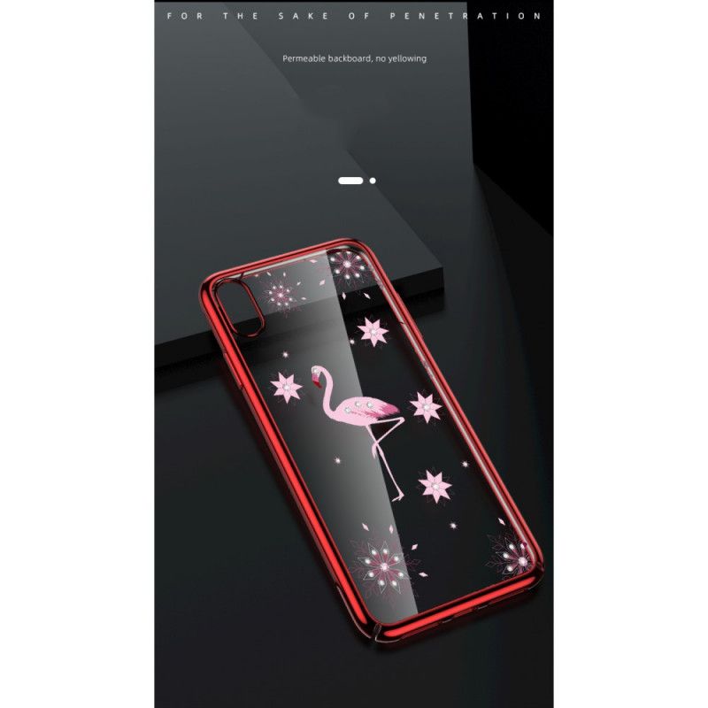 Hoesje iPhone XS Max Rood Zwart Sulada Flamingo Diamanten