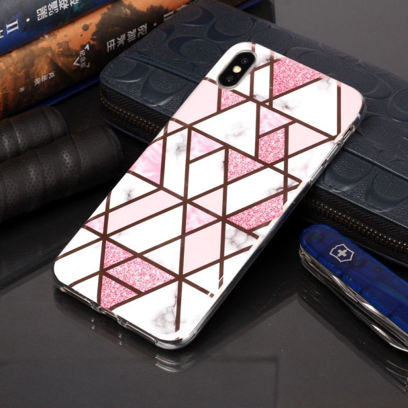 Hoesje iPhone XS Max Roze Zwart Marmeren Geometrieontwerp