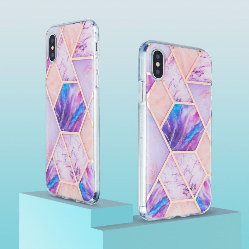 Hoesje voor iPhone XS Max Donkerblauw Roze Marmeren Ontwerp