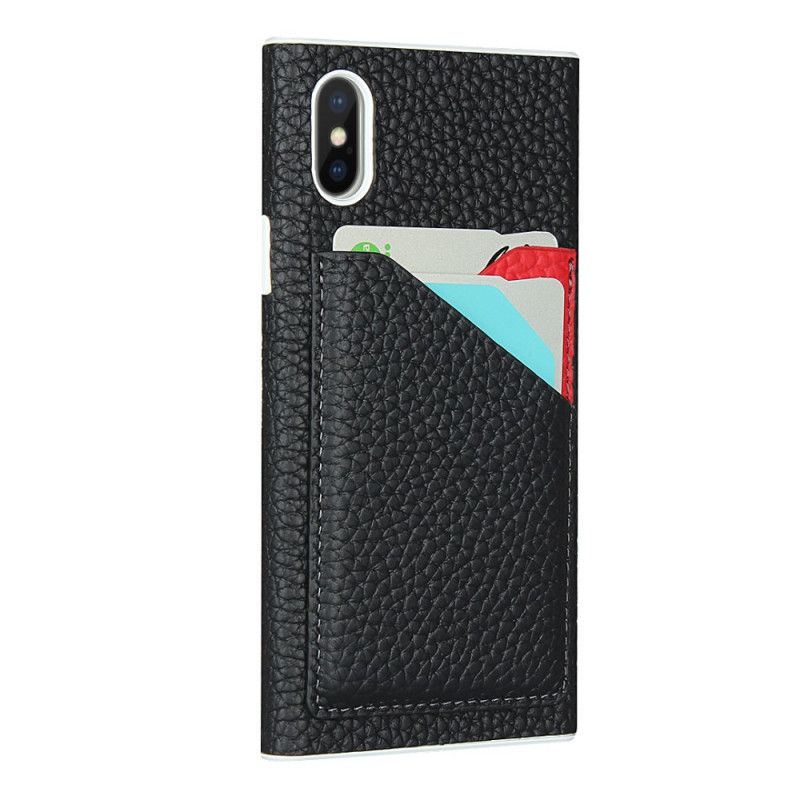 Hoesje voor iPhone XS Max Grijs Zwart Kaarthouder Van Echt Lychee Leer Met Lanyard