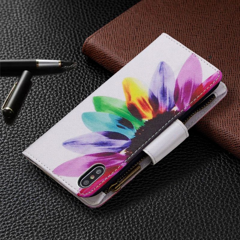 Leren Hoesje iPhone XS Max Wit Zwart Bloemenzak Met Ritssluiting