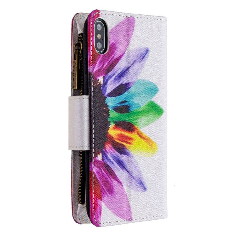 Leren Hoesje iPhone XS Max Wit Zwart Bloemenzak Met Ritssluiting