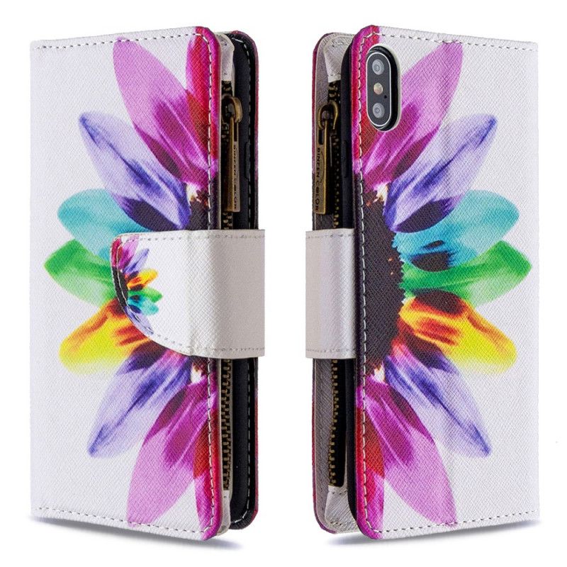 Leren Hoesje iPhone XS Max Wit Zwart Bloemenzak Met Ritssluiting