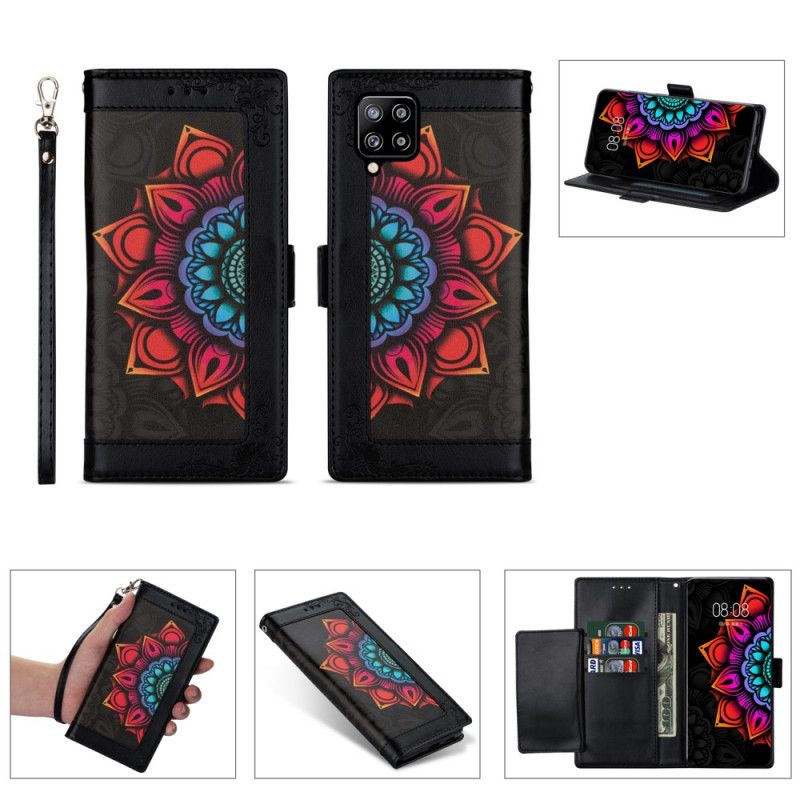 Cover Folio-hoesje Samsung Galaxy A42 5G Wit Zwart Telefoonhoesje Mandala-Versiering Met String