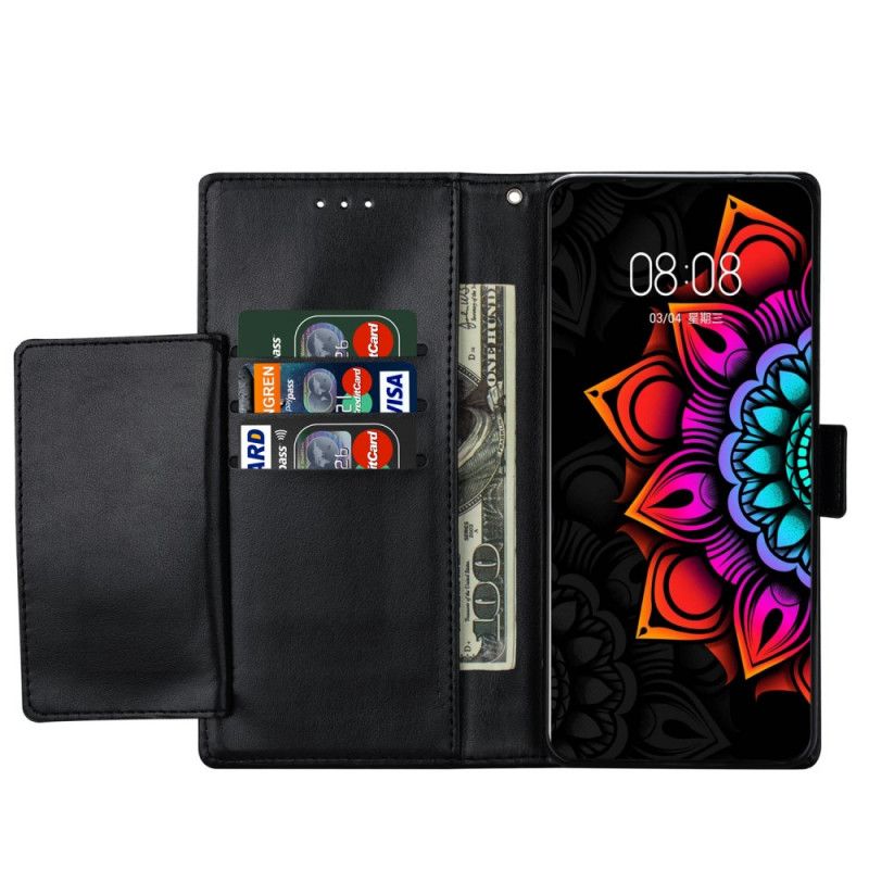 Cover Folio-hoesje Samsung Galaxy A42 5G Wit Zwart Telefoonhoesje Mandala-Versiering Met String