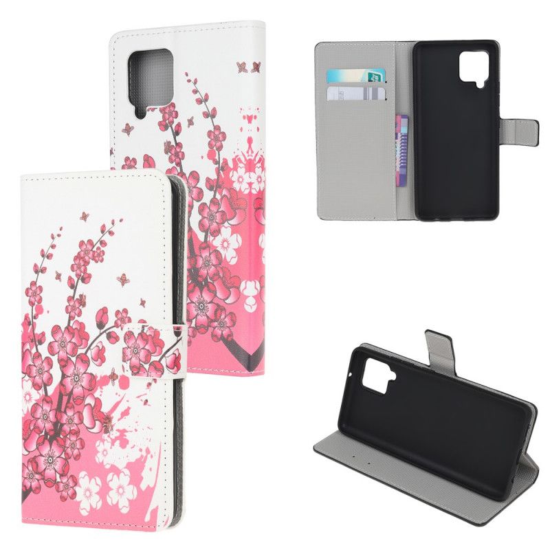 Flip Case Leren Samsung Galaxy A42 5G Roze Magenta Tropische Bloemen