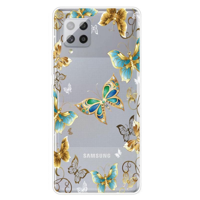 Hoesje Samsung Galaxy A42 5G Goud Donkerblauw Design Vlinders