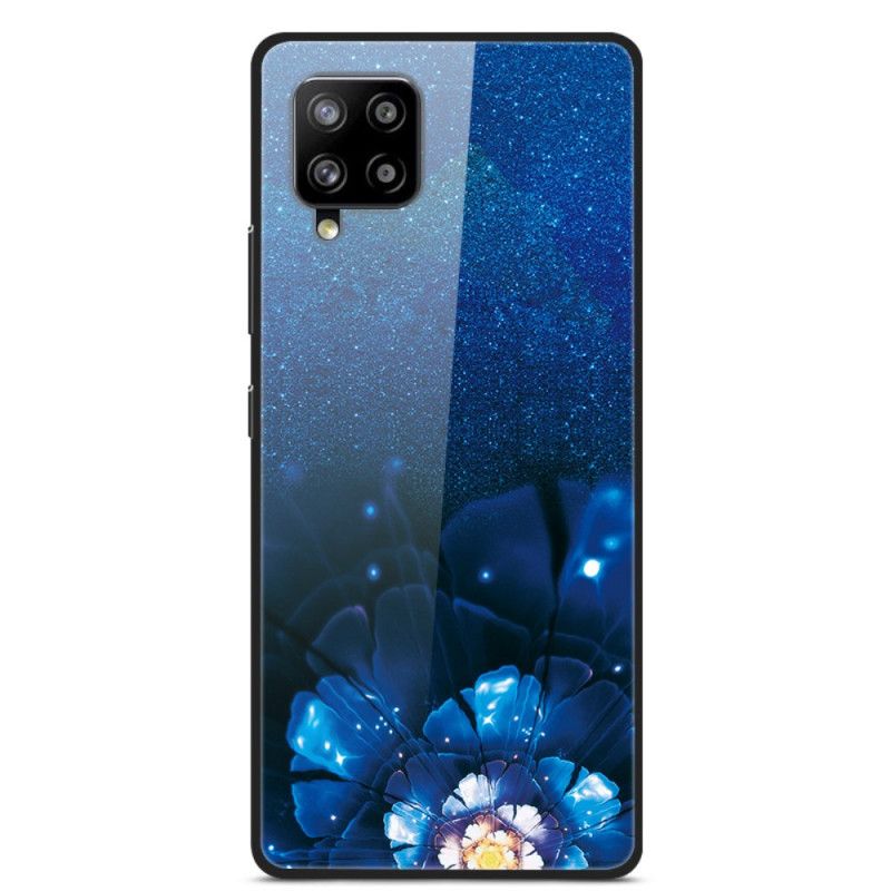 Hoesje voor Samsung Galaxy A42 5G Donkerblauw Rood Decoratieve Bloemen Van Gehard Glas