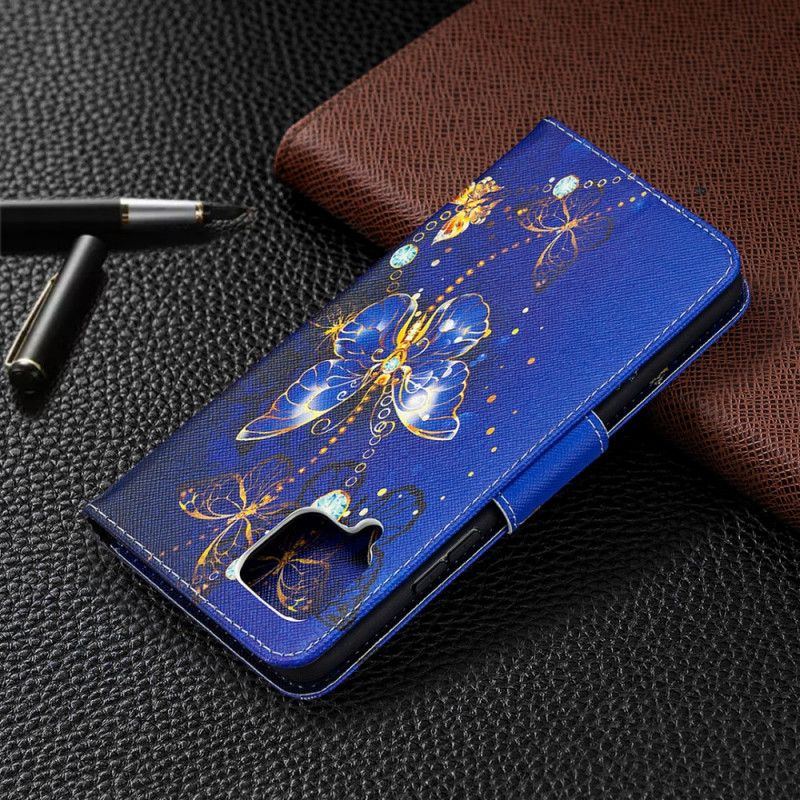 Leren Hoesje voor Samsung Galaxy A42 5G Lichtblauw Donkerblauw Koningen Vlinders