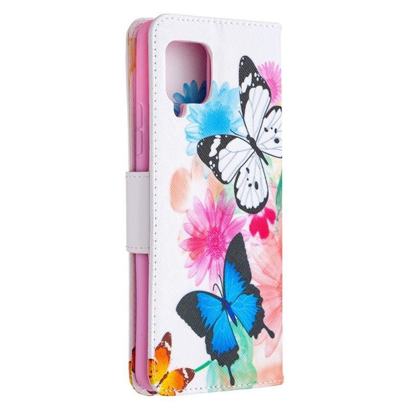 Leren Hoesje voor Samsung Galaxy A42 5G Lichtblauw Magenta Geschilderde Vlinders En Bloemen