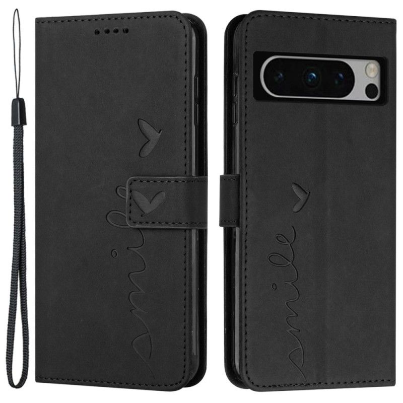 Flip Case Leren Google Pixel 8 Pro Glimlach Met Draagkoord