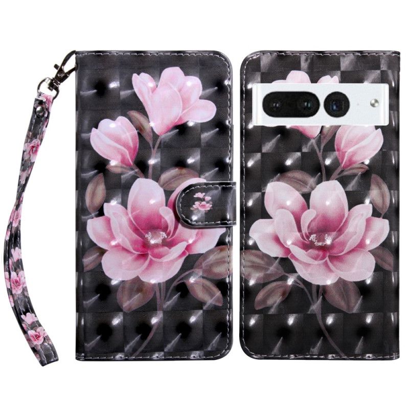 Leren Hoesje Google Pixel 8 Pro Roze Bloemen Met Riem Bescherming Hoesje