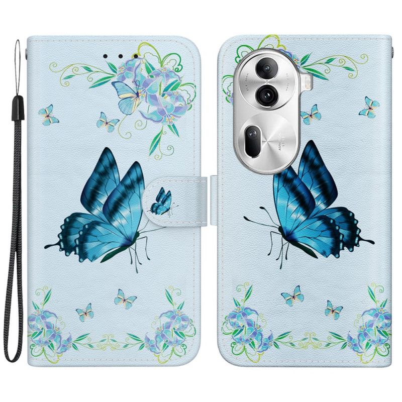 Leren Hoesje Oppo Reno 11 Pro 5g Blauwe Vlinder En Bloemen Met Riempje