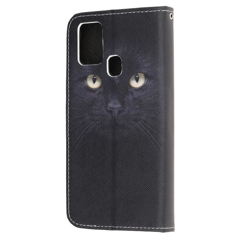 Bescherming Hoesje Samsung Galaxy A21s Telefoonhoesje Zwarte Kattenogen Met String