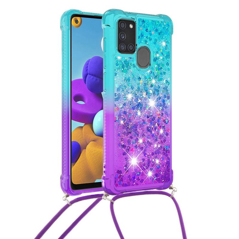Cover Hoesje Samsung Galaxy A21s Lichtblauw Roze Telefoonhoesje Siliconen Glitter En Koord