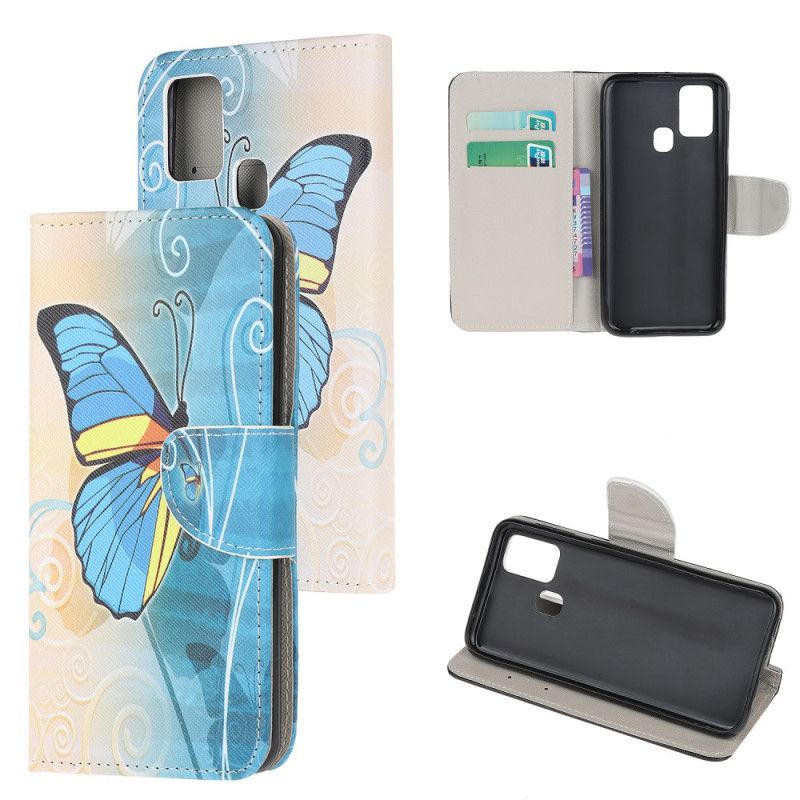 Flip Case Leren Samsung Galaxy A21s Blauwe En Gele Vlinder