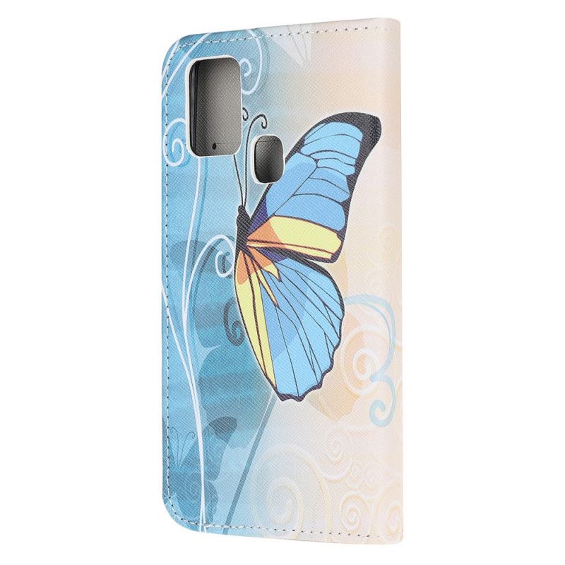 Flip Case Leren Samsung Galaxy A21s Blauwe En Gele Vlinder