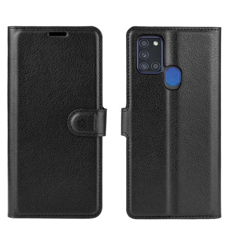 Flip Case Leren Samsung Galaxy A21s Wit Zwart Klassiek