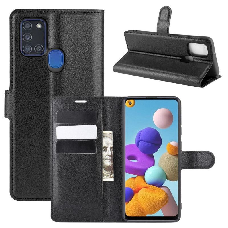 Flip Case Leren Samsung Galaxy A21s Wit Zwart Klassiek