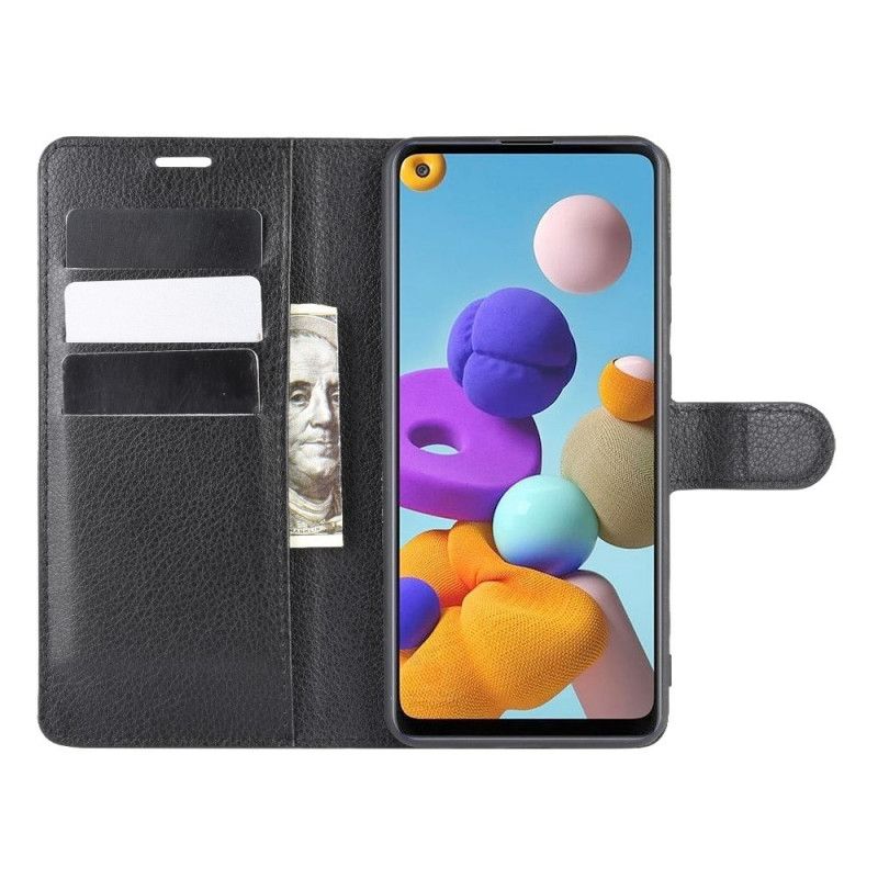 Flip Case Leren Samsung Galaxy A21s Wit Zwart Klassiek