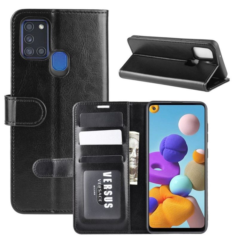 Flip Case Leren Samsung Galaxy A21s Wit Zwart Ultra Kunstleer