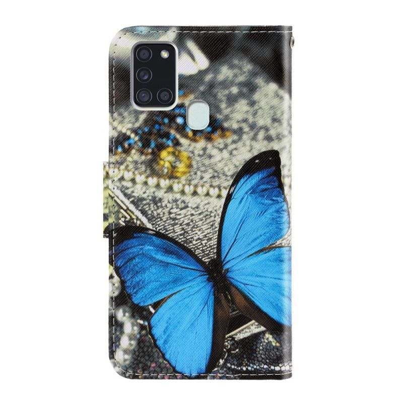 Leren Hoesje voor Samsung Galaxy A21s Lichtblauw Donkerblauw Vlindervariaties Met String