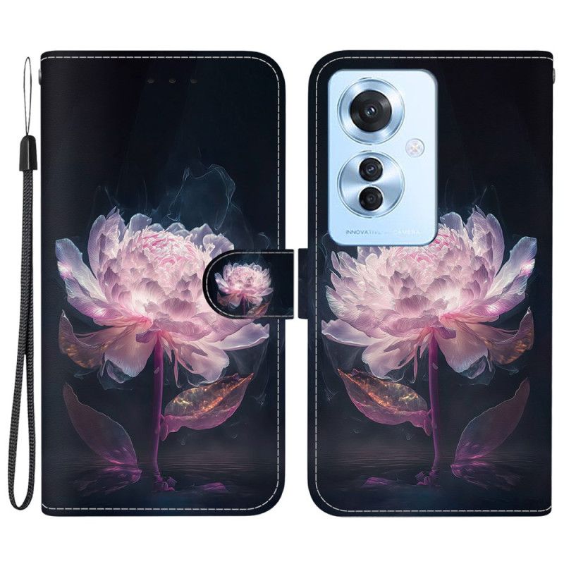 Leren Hoesje Oppo Reno 11f 5g Paarse Pioen Met Riem Bescherming Hoesje