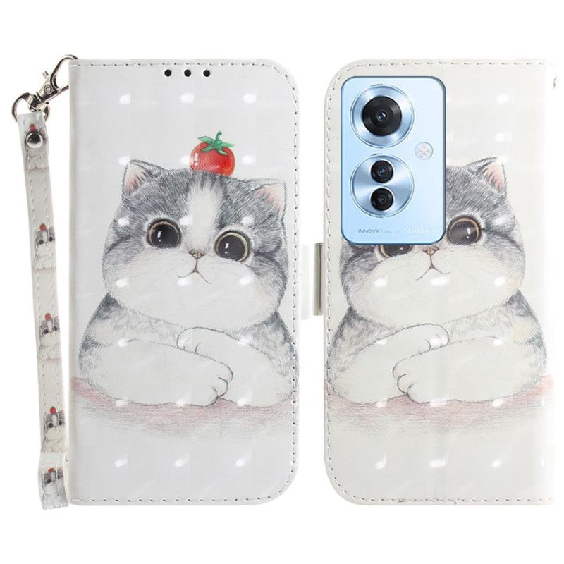 Leren Hoesje Oppo Reno 11f 5g Schattige Kat Met Riem Bescherming Hoesje