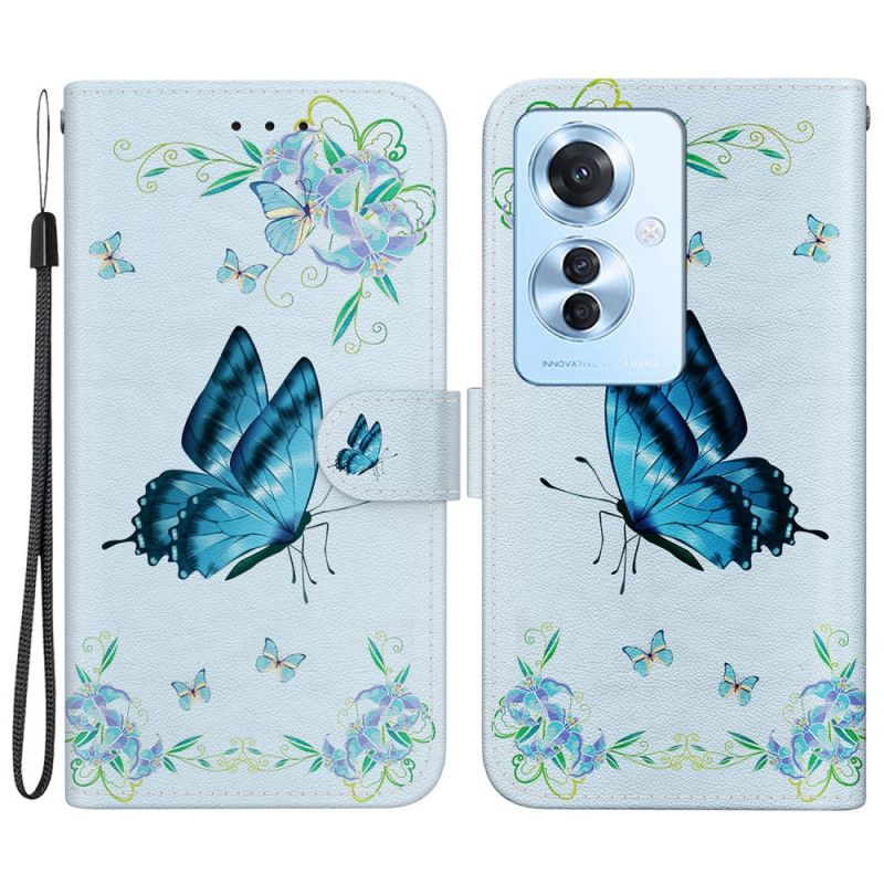 Leren Hoesje Voor Oppo Reno 11f 5g Blauwe Vlinders En Bloemen