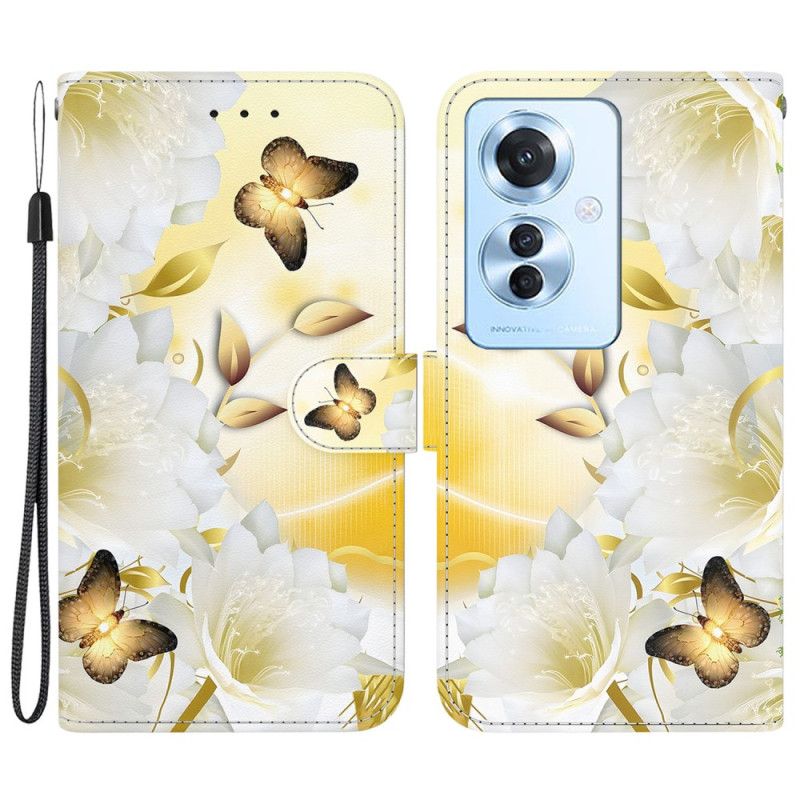 Leren Hoesje Voor Oppo Reno 11f 5g Gouden Vlinders En Witte Bloemen