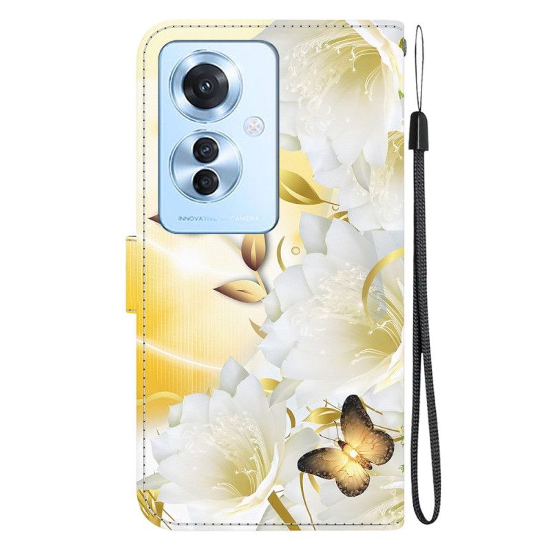 Leren Hoesje Voor Oppo Reno 11f 5g Gouden Vlinders En Witte Bloemen