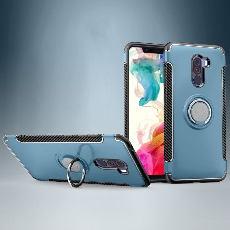 Case Hoesje Xiaomi Pocophone F1 Rood Zwart Telefoonhoesje Magnetische Ring Van Koolstofvezel