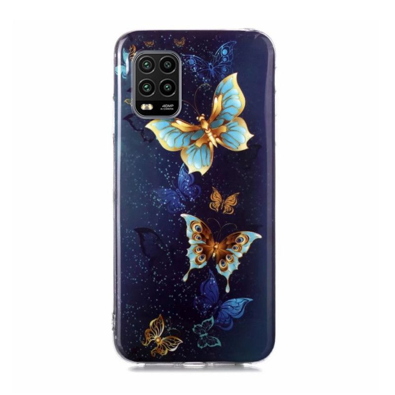 Cover Hoesje Xiaomi Mi 10 Lite Paars Lichtblauw Telefoonhoesje Serie Fluorescerende Vlinder