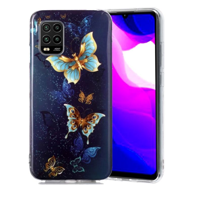 Cover Hoesje Xiaomi Mi 10 Lite Paars Lichtblauw Telefoonhoesje Serie Fluorescerende Vlinder