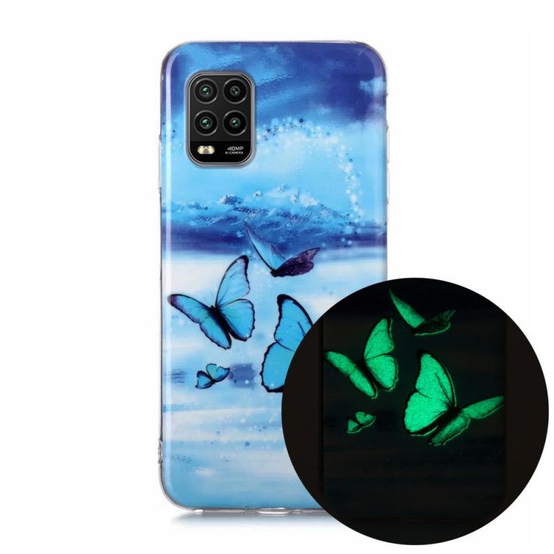 Cover Hoesje Xiaomi Mi 10 Lite Paars Lichtblauw Telefoonhoesje Serie Fluorescerende Vlinder