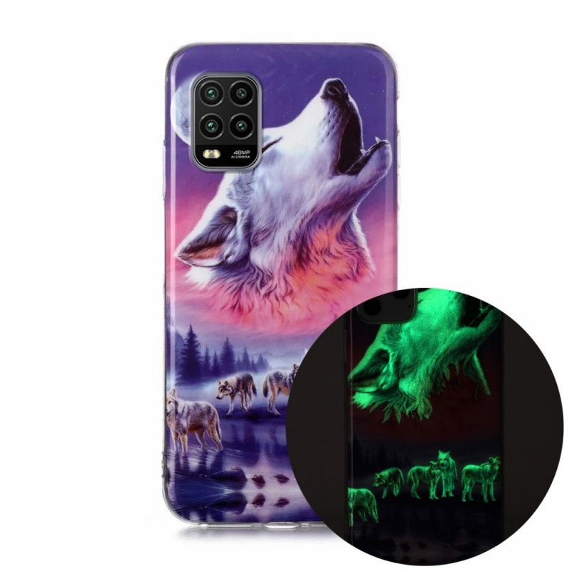 Hoesje Xiaomi Mi 10 Lite Donkerblauw Zwart Serie Fluorescerende Wolven