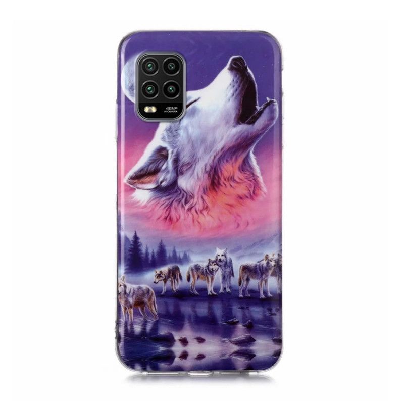 Hoesje Xiaomi Mi 10 Lite Donkerblauw Zwart Serie Fluorescerende Wolven