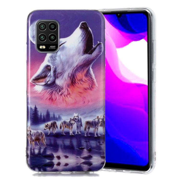 Hoesje Xiaomi Mi 10 Lite Donkerblauw Zwart Serie Fluorescerende Wolven