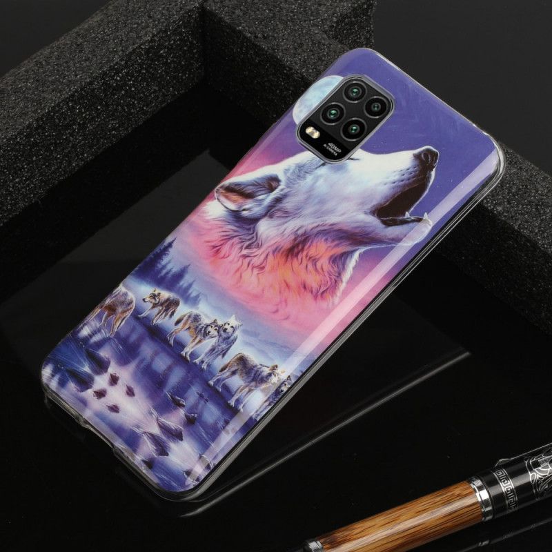 Hoesje Xiaomi Mi 10 Lite Donkerblauw Zwart Serie Fluorescerende Wolven