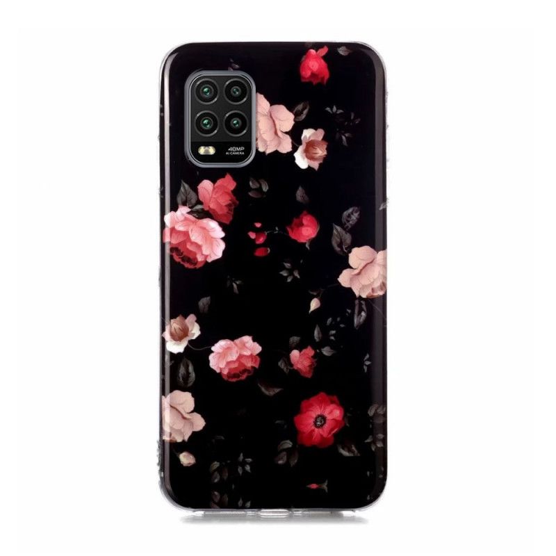 Hoesje Xiaomi Mi 10 Lite Donkerrood Zwart Fluorescerende Bloemen