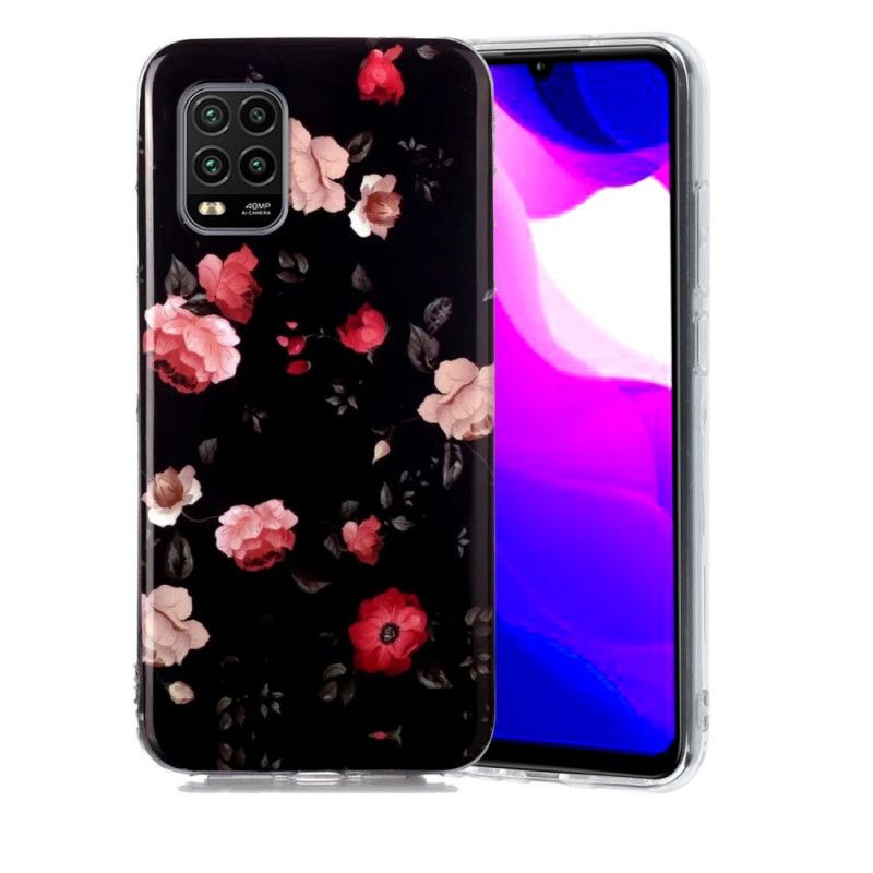 Hoesje Xiaomi Mi 10 Lite Donkerrood Zwart Fluorescerende Bloemen