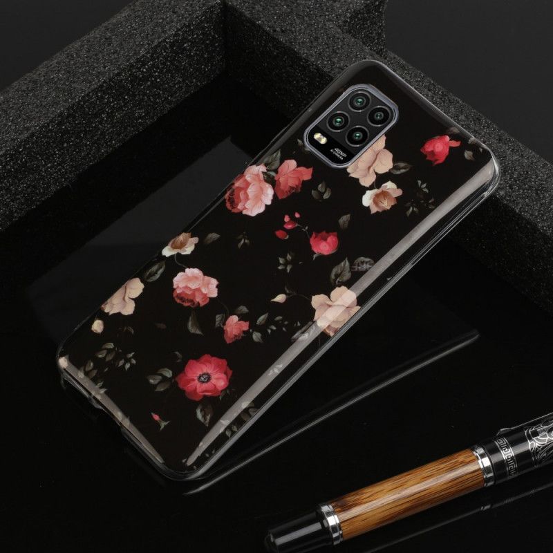 Hoesje Xiaomi Mi 10 Lite Donkerrood Zwart Fluorescerende Bloemen