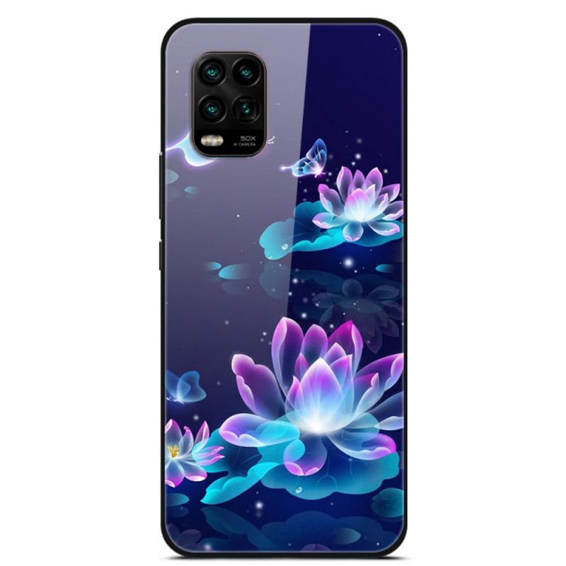 Hoesje Xiaomi Mi 10 Lite Marineblauw Donkerblauw Decoratieve Bloemen Van Gehard Glas