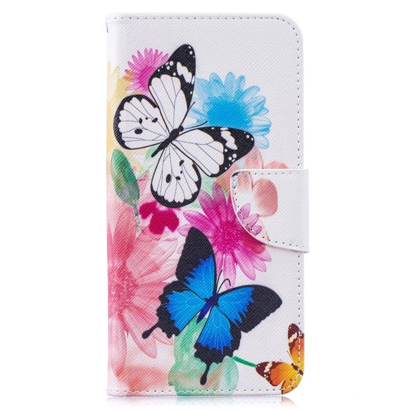 Cover Folio-hoesje Huawei Y7 2019 Lichtblauw Telefoonhoesje Geschilderde Vlinders En Bloemen