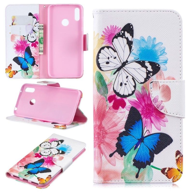 Cover Folio-hoesje Huawei Y7 2019 Lichtblauw Telefoonhoesje Geschilderde Vlinders En Bloemen