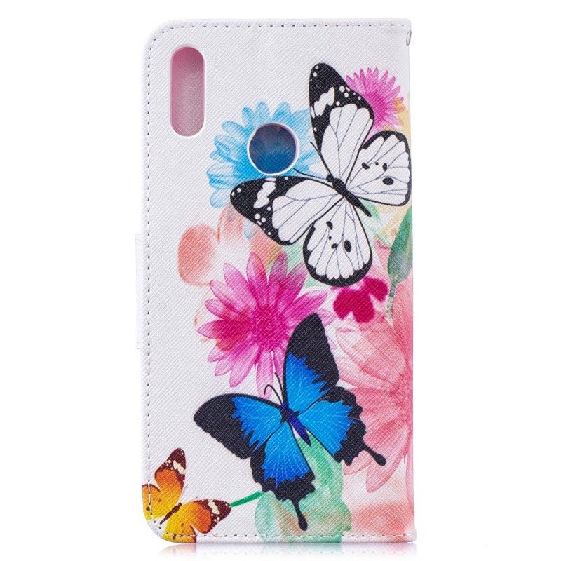 Cover Folio-hoesje Huawei Y7 2019 Lichtblauw Telefoonhoesje Geschilderde Vlinders En Bloemen