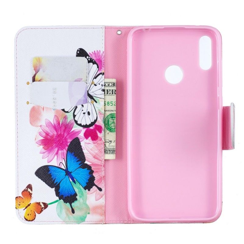 Cover Folio-hoesje Huawei Y7 2019 Lichtblauw Telefoonhoesje Geschilderde Vlinders En Bloemen