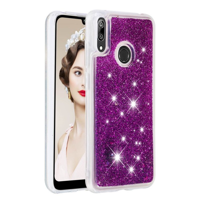 Cover Hoesje Huawei Y7 2019 Paars Lichtblauw Telefoonhoesje Glitterpoeder